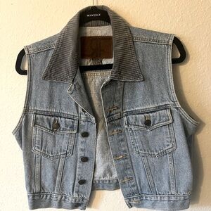 90s vintage look crop jean vest with corduroy collar